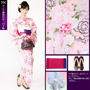 愛姫☆恋心SWEET浴衣4点セットT0C(ピンク地流れ花×白下駄)